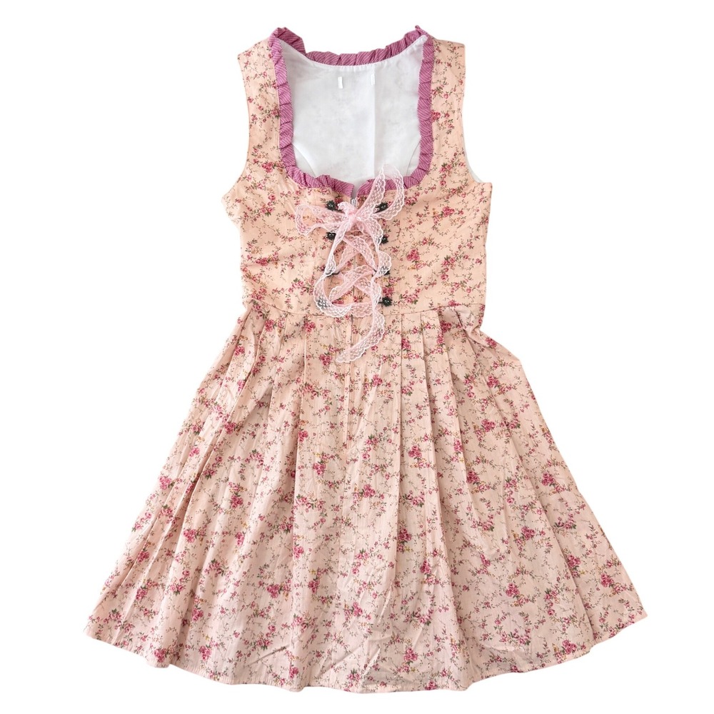 Pink Floral Cotton Lace Up Milkmaid Dress S Dirndl Edelweiss Cottagecore